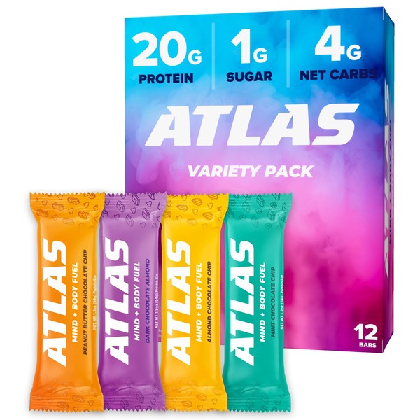 Atlas Protein Bar, 20g Protein, 1g Sugar, Clean Ingredients, Gluten Free, Chocolate Variety (12 Count, Pack of 1)