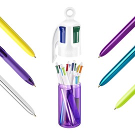 BIC 4 Colours Ball Pens - Purple Pen Holder of 6