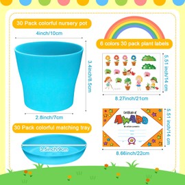Domensi 30 Set DIY Plastic Pot Craft for Kids Bulk Earth Day Crafts 4 Inch Flower Pot Planters with Tray Drainage Holes with 458 Stickers 30 Cards for Spring Mother's Day Planting(Multicolor)
