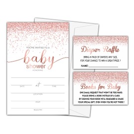 Baby Shower Invitation Kit, Diaper Raffle Games, Books For Baby, Pink Rose Gold Baby Gender Reveal Fill In Invites Cards, Each Design 25 Cards & 25 Envelopes （A Total of 100 set） - BABYSET-003