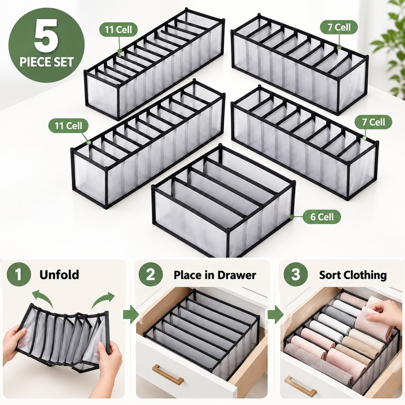 5-Pack Foldable Drawer Organizers for Underwear & Bras – Lightweight