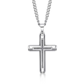 Diamond Treats Stainless Steel Men's Cross Necklace with Black Zirconia Stones, Stainless Steel Cross Pendant and Chain for Men, Jewellery Gift for Him, Zirconia Stainless Steel, Zirconia, Stainless