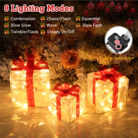 GlobaLink LED Gift Boxes Christmas 3, Christmas Decoration with Lighting Christmas Decoration Boxes with Timer 8 Modes Warm White Illuminated Christmas Decoration for Indoor Christmas Tree Power Operated