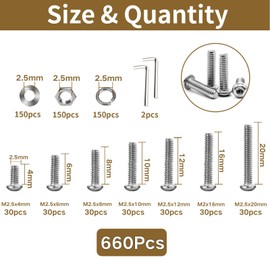 Zmbroll M2.5 Button Head Hex Socket Cap Screws 660Pcs M2.5x4/6/8/10/12/16/20mm 304 Stainless Steel Machinery Button Head Metric Fasteners Bolts Nuts Washers with Wrenches