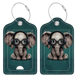 Funny PU Leather Luggage Tags 2-Pack with Headphones Cute Little Elephant Cute Pattern Suitable for Suitcase Stainless Steel Loop and Address Card Essential for Cruise and Airport Travel