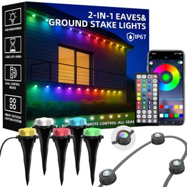 150 FT 2-in-1 Eaves & Ground Stakes LED String Lights, Outdoor RGB Light with App & Remote Control for House, Garden, and Landscape, Waterproof Smart Color-Changing Lighting for Holiday Everyday Decor