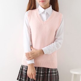 jinghuiyue Women’s V Neck Sweater Vest School Uniform Solid Color Sleeveless Knit Sweaters Pullover Tank Tops, Pink, Medium