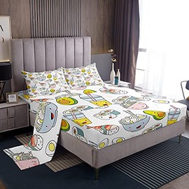 Sushi Fitted Sheet Set - Japanese Style Bed Sheet for Kids, Boys, Girls - Cute Cartoon Sushi Bedding With Japanese Cuisine Decor - 4Pcs Full Size Bedroom Collection