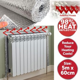Almineez Radiator Reflective Foil Foil Insulation Sheet Heat Reflector Energy Saving Foil Panel Easy Install – Reduce Your Heating Costs Winter Bills – Size 5m x 60cm - Easy to Cut