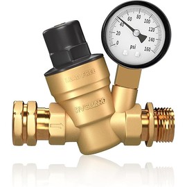 RVGUARD RV Water Pressure Regulator Valve, Brass Lead-Free Adjustable Water Pressure Reducer with Gauge and Inlet Screen Filter for RV Camper Travel Trailer