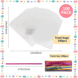 SOMIOCO Cello Cellophane Treat Bags Clear Gift Bags OPP Plastic Poly Bags Goodie Bags for Gift Wrapping, Bakery, Cookie, Candies, Soaps, Party Favors Packaging with Twist Ties(11’’ x 14’’,100 cnts)