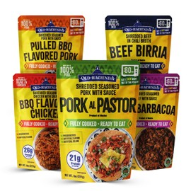 Old Hacienda 5-Pack Variety | Beef Barbacoa, Beef Birria, Pork al Pastor, BBQ Flavored Chicken & Pulled BBQ Pork | Fully Cooked & Ready to Eat | No Preservatives | 8 oz Each - 1 of Each Flavor