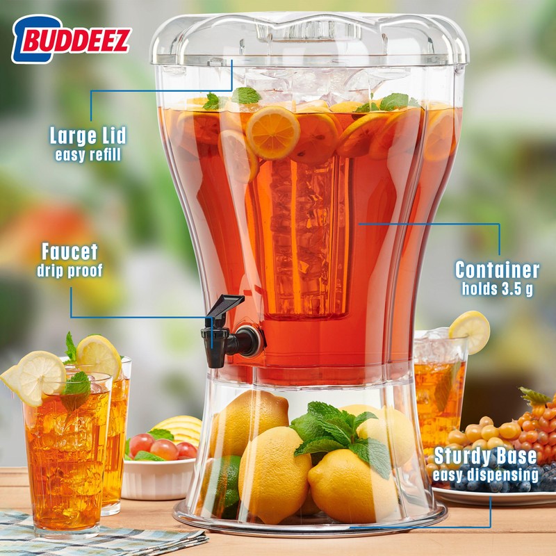 Buddeez Clear Drink 3.5 Gallon Plastic Beverage, Comes with Stand,