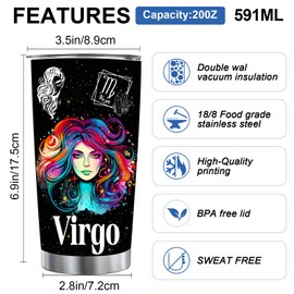 Virgo Constellation Tumblers, Astrology Fans Gifts for Men and Women, 20oz Stainless Steel Insulated Tumblers with Lid, Double Wall Vacuum Water Cups for Hot & Iced Coffee Drinks
