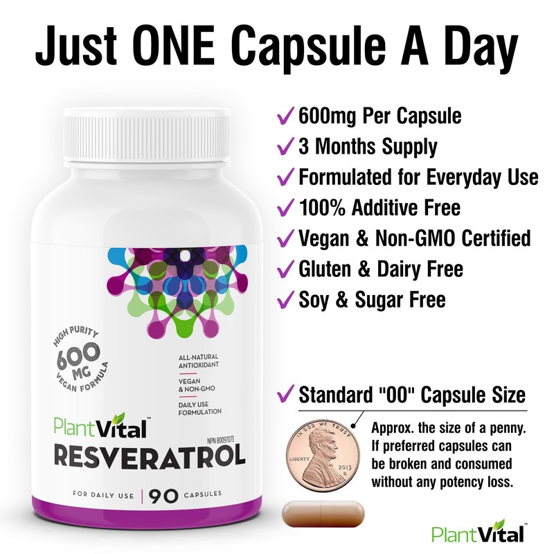 Plantvital PlantVital Resveratrol 600mg - Made in Canada - High