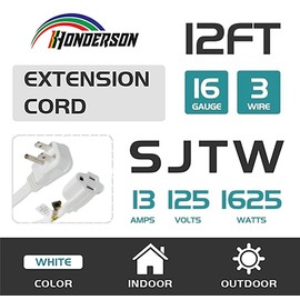 HONDERSON Flat Plug Extension Cord, UL Listed, Indoor Extension Cord 16 Gauge 12FT White Flat Extension Cord, 16/3 SPT-3 13A 3 Prong Grounded Power Extension Cord for Home, Office