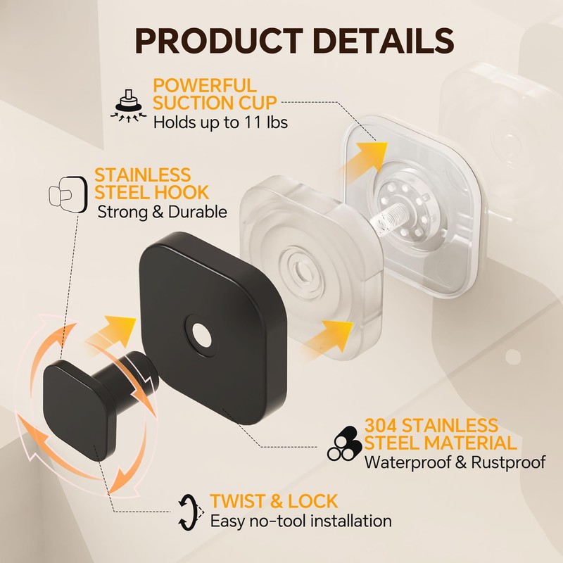 4 Pack Stainless Steel Suction Cup Hooks for Shower, Removable