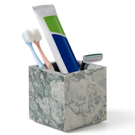 3.93 Inch Square Marble Toothbrush Holder & Makeup Brush Organizer - Natural Stone Pencil Holder for Desk, Bathroom Countertop Storage | Marble Bathroom Accessories in Modern Cyan Green ﻿ ﻿
