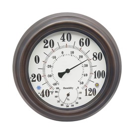 8" in Diameter Round Indoor Outdoor Mechanical Thermometer Wireless Premium Steel Wall Thermometer Hygrometer for Patio, Wall or Decorative No Battery Required Hanging Thermometer