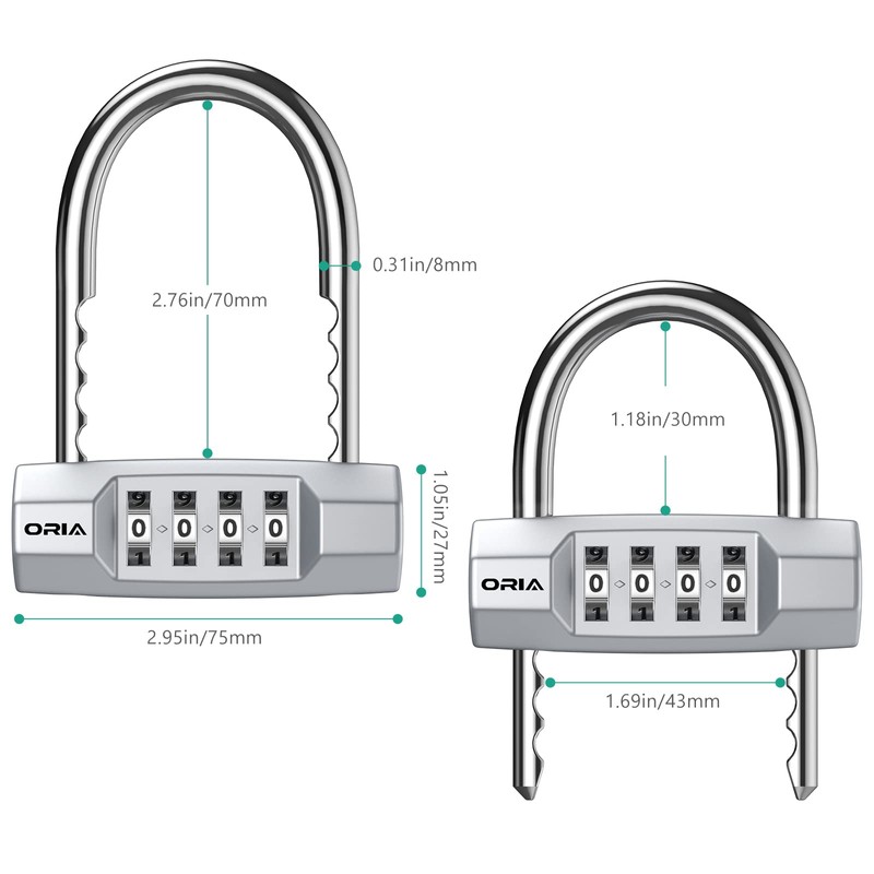 ORIA 4-Digit Combination Padlocks with Adjustable Long Shackle, U- Shaped