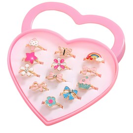 Everglit Kids Rings for Girls Jewellery - Childrens Set Adjustable Princess Dress Up Toys With Heart Shape Box for Little Girl Pretend Play Christmas Socks Fillers Birthday Party Gift 12Pcs
