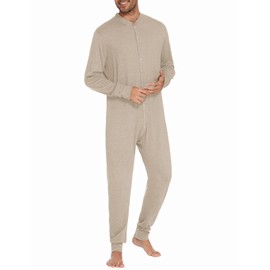 Ekouaer Men's One Piece Pajama Thermal Full Button Union Suit Long Sleeve Onesie with Button Flap Oatmeal L