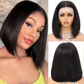 12 Inch Bob Human Hair Wig,Short 13x4 Lace Front Wigs for Women Human Hair,Straight 180% Density Transparent Lace Frontal Wig,Natural Black Brazilian Real Hair