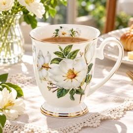 Floral Bone China Coffee Mug for Tea & Coffee – Elegant 300ml White Magnolia Cup with Gold Trim for Home & Afternoon Tea