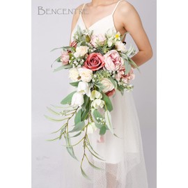 BENCENTRE 12 Inch Dusty Rose Bridal Bouquet, Cascading Bouquet,Wedding Bouquet,for Wedding Ceremony Anniversary, Bridal Party and French Rustic Vintage Wedding, Artificial Flowers