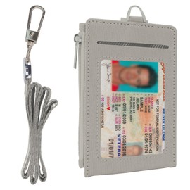 ID Badge Holder with Zip Pocket, Leather TD Card Holder with Lanyard, Multiple Card Slots Vertical ID Card Name Tag Badge Holder for Students Teens Boys Girls Office Staff Women (Grey)