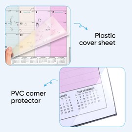 Saiwiimody Desk Calendar 2024-2025 with Plastic Cover Jan. 2024-July. 2025 18 Months desktop Calendar Thick Paper with Clear Corner Protectors for Home School Office, includes Stickers, Colorful