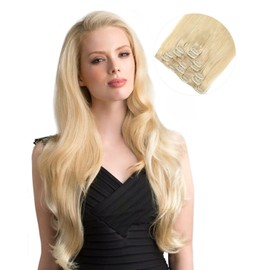 MISSME Clip In Hair Extensions Real Human Hair,16in 120g 7pcs 16 Clips On Hair Extensions 100% Real Human Platinum Blonde Hair For Women