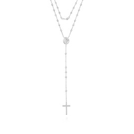 Savlano 925 Sterling Silver 1.5MM Beaded Rosary Miraculous Medallion & Cross Pendant Necklace -18K Gold Plated 19” Inches Y-Necklace Chain for Women, Religious Jewelry Comes with Gift Box - Made in Italy