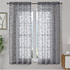 OWENIE Leyna 2 Panels Charcoal Gray Sheer Curtains 63 Inch Length for Bedroom, Soft Lightweight Jacquard Clip Window Curtain for Living Room, Double Rod Pockets Textured Drapes, Each 40Wx63L Inches