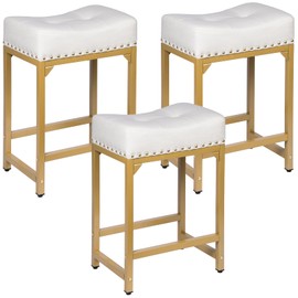 FLYZC White & Gold Counter Height Bar Stools Set of 3, 24" Bar Stools for Kitchen Island, Modern Counter Stool Set of 3 Backless Saddle Barstools for Kitchen Dining Room White Gold