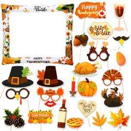 Thanksgiving Inflatable Selfie Frame Photo Booth Frame with 24Pcs Photo Booth Props,Thanksgiving Inflatable Picture Frame Blow Up Party Prop Kit for Kids Adults Thanksgiving Party Games Accessories