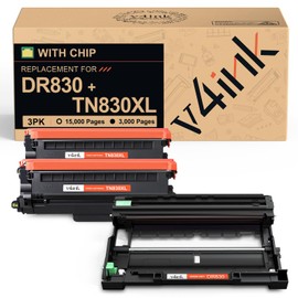 v4ink 3pk Compatible TN830XL DR830 Replacement for Brother TN830 TN830XL Toner Cartridge DR830 Drum Combo Set for Brother DCP-L2640DW HL-L2400D HL-L2405W HL-L2460DW HL-L2480DW MFC-L2820DW Printer