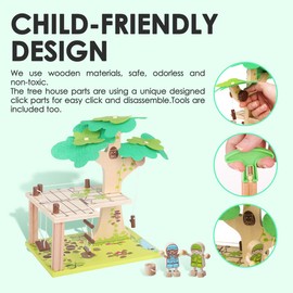 UDEAS Wooden Tree House Playset for Kids, 22 PCS Creative Building Block Set Construction Toys with 2 Figures, Rope Ladder, Swing and Disassembly Tools for Toddlers Kids Boys Girls