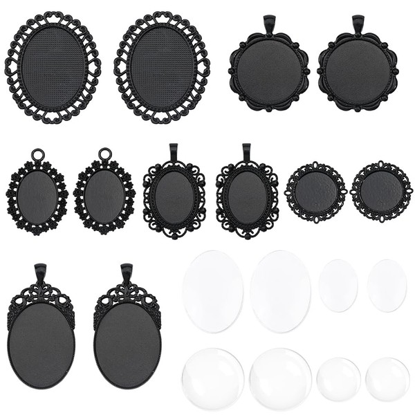 SUNNYCLUE 1 Box 24Pcs 12 Sets Black Pendant Tray Oval