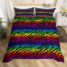 Castle Fairy Zebra Print Bedding Set Full Size, Wildlife African Animal Pattern Duvet Cover with 2 Pillowcases Polyester Quilted Duvet, Rainbow Stripes Zebra Design Comforter Cover for Girls Teens