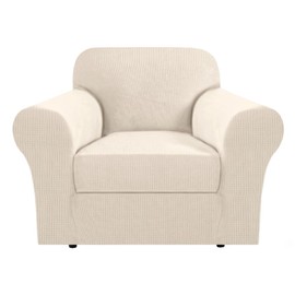 H.VERSAILTEX Stretch Armchair Cover 2 Piece Chair Covers for Living Room Furniture Cover Suit for T Cushion/Box Cushion, Spandex Jacquard Fabric Small Checks(Armchair-Standard, Natural)