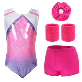 Aosva - Conjunto de leotardos de gimnasia 5 en 1 para niñas de una sola pieza con colores brillantes para bailar atlético, conjunto de leotardos cortos de 2 a 14 años, Rosa blanco, 11-12 Years(160CM)