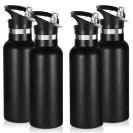 Volhoply 17oz Insulated Water Bottle Bulk 4 Pack,Stainless Steel Kids Water Bottles with Straw Lid,Double Wall Vacuum Metal Thermos Water Bottle,Reusable Sports School Flask Keep Cold(Black,4 Set)