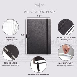 Skyline Auto Mileage Log Book – Vehicle Logbook with Expense Tracker – Driving Logger Book for Tracking Car Mileage, Expenses, Gas Consumption & Lubrication – Hardcover, A5 Size, 5.8x8.3″ (Black)