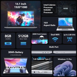 Gezoon 14.1 inch Windows 11 pro Laptop Computer, 8GB LPDDR4 RAM 512GB SSD, Intel Celeron N4020C CPU (Beat N4020/N4000), Thin & Portable Notebook PC, WiFi, USB 3.0, BT4.2,Full-Featured Type-C
