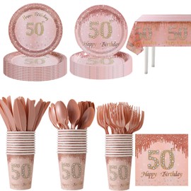 141PCS Party Supplies Paper Disposable plates Cups Napkins Plasti Knives Spoons Tablecloth Serve 20 Guests Dinnerware for 50th Birthday Party Wedding Graduation