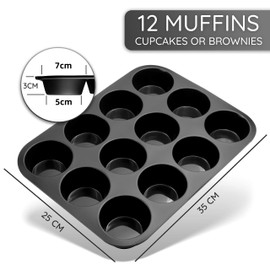 Eidoct 2 Pack 12 Hole Muffin Tray with PFOA Non Stick, Robust 1mm Carbon Steel, 35 x 27cm Cupcake Tin, Non Stick Sturdy Cupcake Baking Muffin Tray Yorkshire Pudding Baking Pan