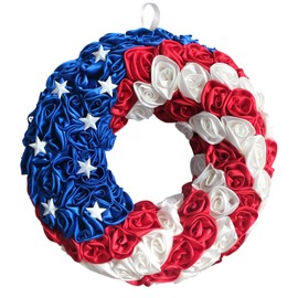 14 Inch Patriotic Roses Handcrafted Wreath, Artificial 4th of July Soft Touch Silk Roses and Metal Stars Wreath for Front Door, Memorial Day for Indoor and Outdoor