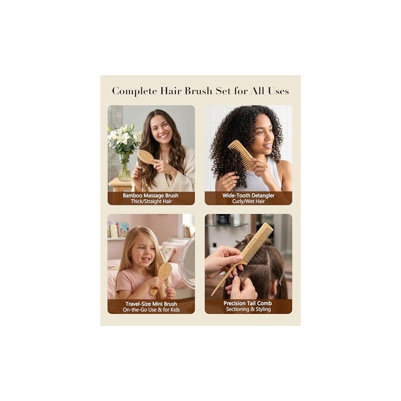 Juego de 4 cepillos de bambú para el cabello, cepillo