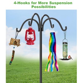 Tikimilor 4-Hooks Shepherds Hooks for Outdoor, 92" Heavy Duty Bird Feeder Pole with 5 Prongs Base, Adjustable Garden Hook for Hanging Solar Light, Lanterns, Plant, 2pack